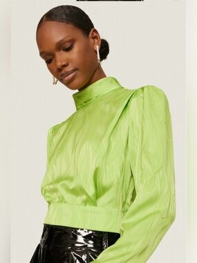 Ronny Kobo Collective “Kaira” Lime Green Patterned Satin Top 2